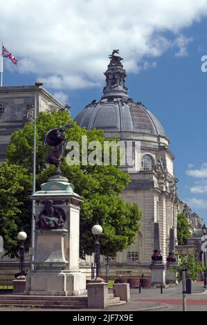 Cardiff City Hall, side view, and dragon domed roof. June 2022, summer. Stock Photo