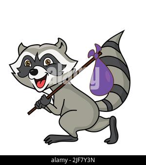 happy raccoon holding bundle on stick and walking Stock Vector