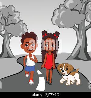 African Americans boy and girl walking in road with dog vector illustration art Stock Vector