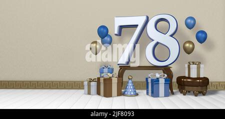 White number 78 with blue border on wooden table surrounded by bright brown, blue and white gift boxes and balloons floating on wooden floor in empty Stock Photo