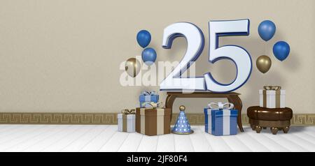 White number 25 with blue border on wooden table surrounded by bright brown, blue and white gift boxes and balloons floating on wooden floor in empty Stock Photo