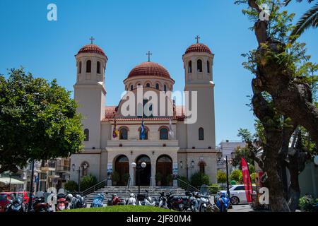 Rethymno,  Greece  16 May 2022,  The front view of the Orthodox Church Of Four Martyrs in Rethymno Stock Photo