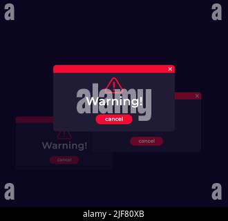Warning, error windows, vector design, dark mode Stock Vector