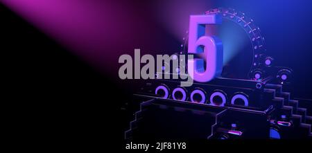 Solid number 5 on a black reflective stage with stairs and adorned with circles, illuminated with blue and red lights against a black background. With Stock Photo