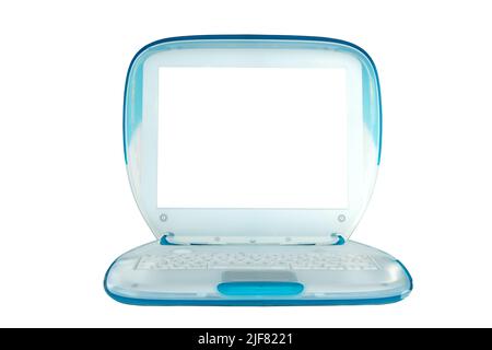 Vintage classic laptop computer with blank screen isolated on white background Stock Photo