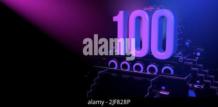 Solid number 100 on a black reflective stage with stairs and adorned with circles, illuminated with blue and red lights against a black background. Wi Stock Photo