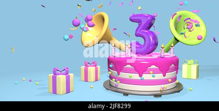 Pink birthday cake with thick purple number 3 and candles on metallic plate surrounded by gift boxes with horns ejecting confetti and spheres on paste Stock Photo