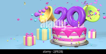 Pink birthday cake with thick purple number 20 and candles on metallic plate surrounded by gift boxes with horns ejecting confetti and spheres on past Stock Photo