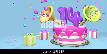 Pink birthday cake with thick purple number 14 and candles on metallic plate surrounded by gift boxes with horns ejecting confetti and spheres on past Stock Photo