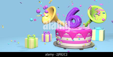 Pink birthday cake with thick purple number 6 and candles on metallic plate surrounded by gift boxes with horns ejecting confetti and spheres on paste Stock Photo