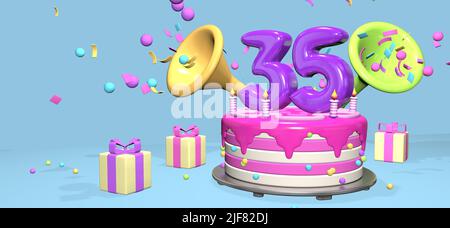 Pink birthday cake with thick purple number 35 and candles on metallic plate surrounded by gift boxes with horns ejecting confetti and spheres on past Stock Photo