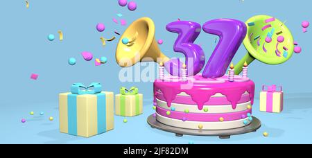 Pink birthday cake with thick purple number 37 and candles on metallic plate surrounded by gift boxes with horns ejecting confetti and spheres on past Stock Photo