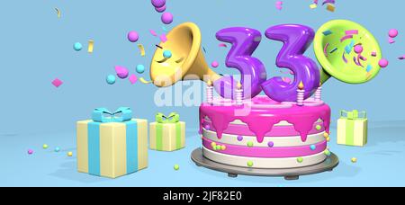 Pink birthday cake with thick purple number 33 and candles on metallic plate surrounded by gift boxes with horns ejecting confetti and spheres on past Stock Photo