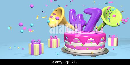 Pink birthday cake with thick purple number 47 and candles on metallic plate surrounded by gift boxes with horns ejecting confetti and spheres on past Stock Photo