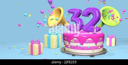 Pink birthday cake with thick purple number 32 and candles on metallic plate surrounded by gift boxes with horns ejecting confetti and spheres on past Stock Photo