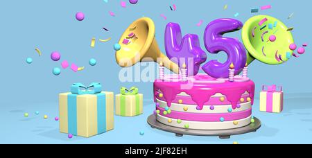 Pink birthday cake with thick purple number 45 and candles on metallic plate surrounded by gift boxes with horns ejecting confetti and spheres on past Stock Photo