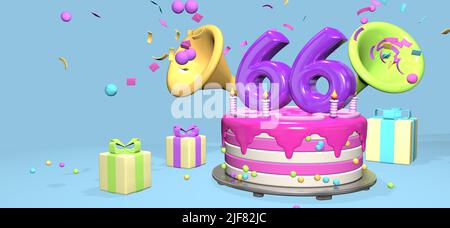 Pink birthday cake with thick purple number 66 and candles on metallic plate surrounded by gift boxes with horns ejecting confetti and spheres on past Stock Photo