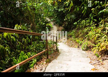 Stone steps leading down into country style kitchen with pale blue Smeg ...