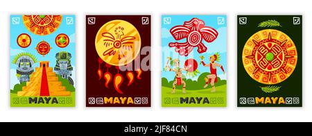 Maya civilization banners set with traditional maya script hieroglyphs doodle human characters and tribal jewelry items vector illustration Stock Vector