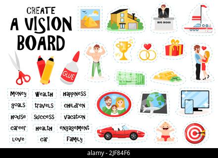 Vision Board Collage With Dreams And Goals Vector Illustration