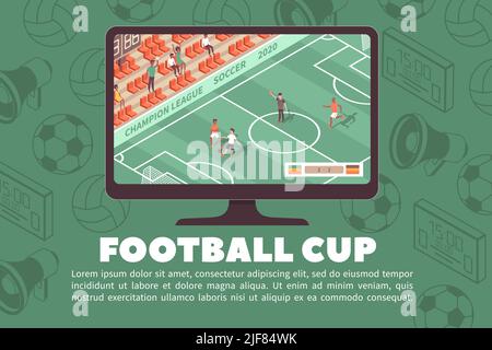 Sport stadium horizontal banner with editable text tv set showing soccer game with silhouette icons background vector illustration Stock Vector
