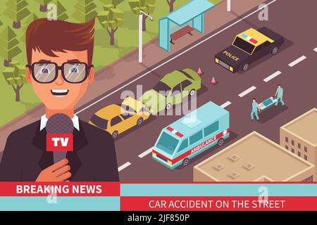 News reportage composition with flat character of reporter with microphone in front of car accident view vector illustration Stock Vector