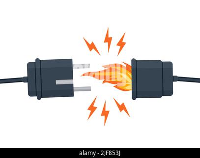 electric short circuit. Faulty damaged cable. Fire from overload. Electrical safety concept. Vector illustration flat design. Short circuit electrical Stock Vector