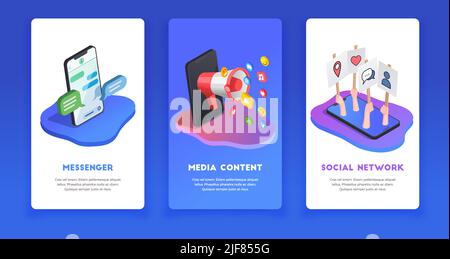 Set with three social network isometric banners with editable text and conceptual images icons and pictograms vector illustration Stock Vector