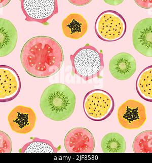 Seamless tropical fruit pattern with watercolor kiwi, papaya, guava slices. Food vector background Stock Vector