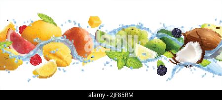 Fruits splashes realistic composition with ripe fruits and slices in motion with mint leaves and water vector illustration Stock Vector