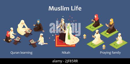 Isometric set with arab family characters learning quran praying and getting married 3d isolated vector illustration Stock Vector