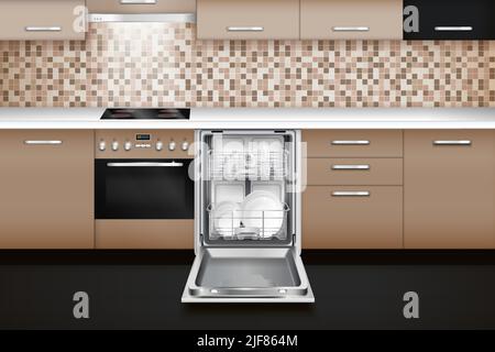 Dishwasher machine interior realistic composition with indoor view of modern kitchen with furniture and dishwashing machine vector illustration Stock Vector