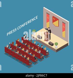 Press conference at central hall isometric composition with speaker on podium media representatives raising hands vector illustration Stock Vector