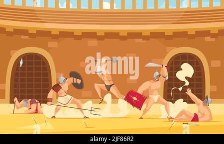 Five roman gladiators fighting at colosseum cartoon vector illustration ...