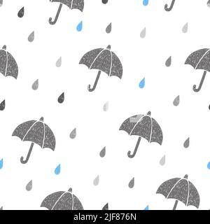 Seamless hand drawn umbrellas and rain drops pattern. Autumn background. Stock Vector