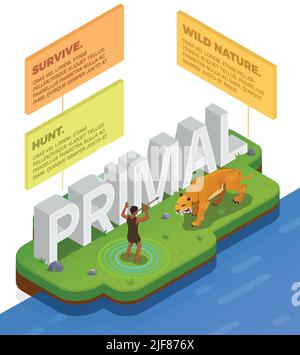 Caveman prehistoric primitive people infographics with scene of human hunting tiger and blocks with editable text vector illustration Stock Vector