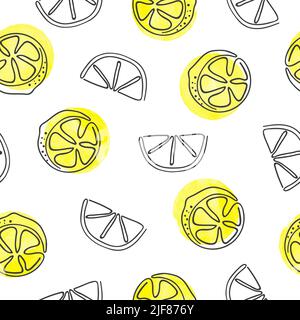 Hand drawn lemons pattern in trendy one line style. Vector seamless background with lemon slices Stock Vector