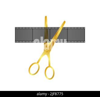 Cutting film shot. Scissors and film strip as video editing. Vector stock illustration. Stock Vector