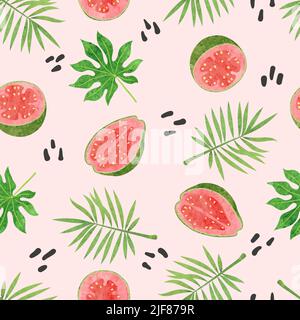 Seamless guava fruit pattern. Vector watercolor exotic fruit and leaves background. Stock Vector