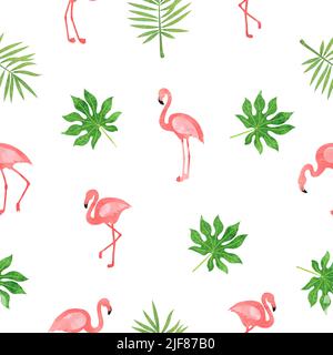 Seamless flamingo bird pattern. Vector tropical background with watercolor flamingos and exotic leaves Stock Vector