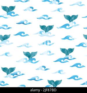 Seamless pattern with watercolor whale tails and sea waves. Stock Vector