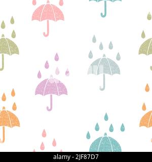 Seamless colorful umbrellas and rain drops pattern. Hand drawn vector illustration Stock Vector