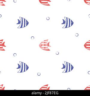 Seamless vector hand drawn fish pattern in red and blue colors. Stock Vector