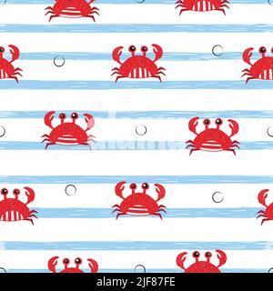 Striped seamless pattern with cute doodle crabs. Vector marine background. Stock Vector