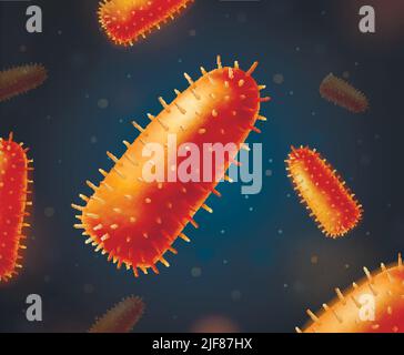 Viruses realistic composition with colourful images of similar orange hairy microbes floating in cell with particles vector illustration Stock Vector