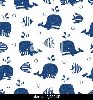 Seamless marine pattern with hand drawn whales and fish. Sea life vector illustration Stock Vector