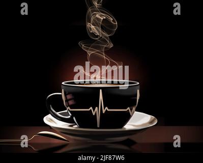 An EKG (ECG) strip, line tracing, showing heart activity decorates a coffee or tea cup. The steaming hot beverage is seen in a warm inviting scene. Il Stock Photo