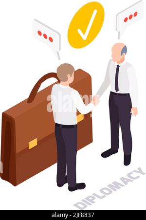 Soft skills diplomacy concept icon with briefcase and two characters shaking hands 3d vector illustration Stock Vector