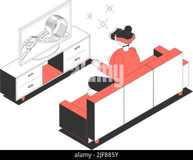 Isometric icon with woman wearing vr glasses playing game on tv vector illustration Stock Vector