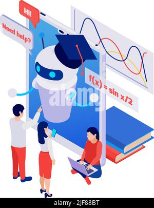 Isometric smart chatbot on tablet helping people with studying mathematics 3d vector illustration Stock Vector